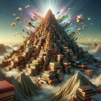 The primary subject of the image is a large pile of books, which are stacked on top of each other to create a towering structure. The setting is a cloudy sky, which serves as the backdrop for the towering stack of books. The visual style of the image is digital art, as it is a computer-generated illustration. The dominant colors in the image are shades of blue and white, which contribute to a calm and serene atmosphere.